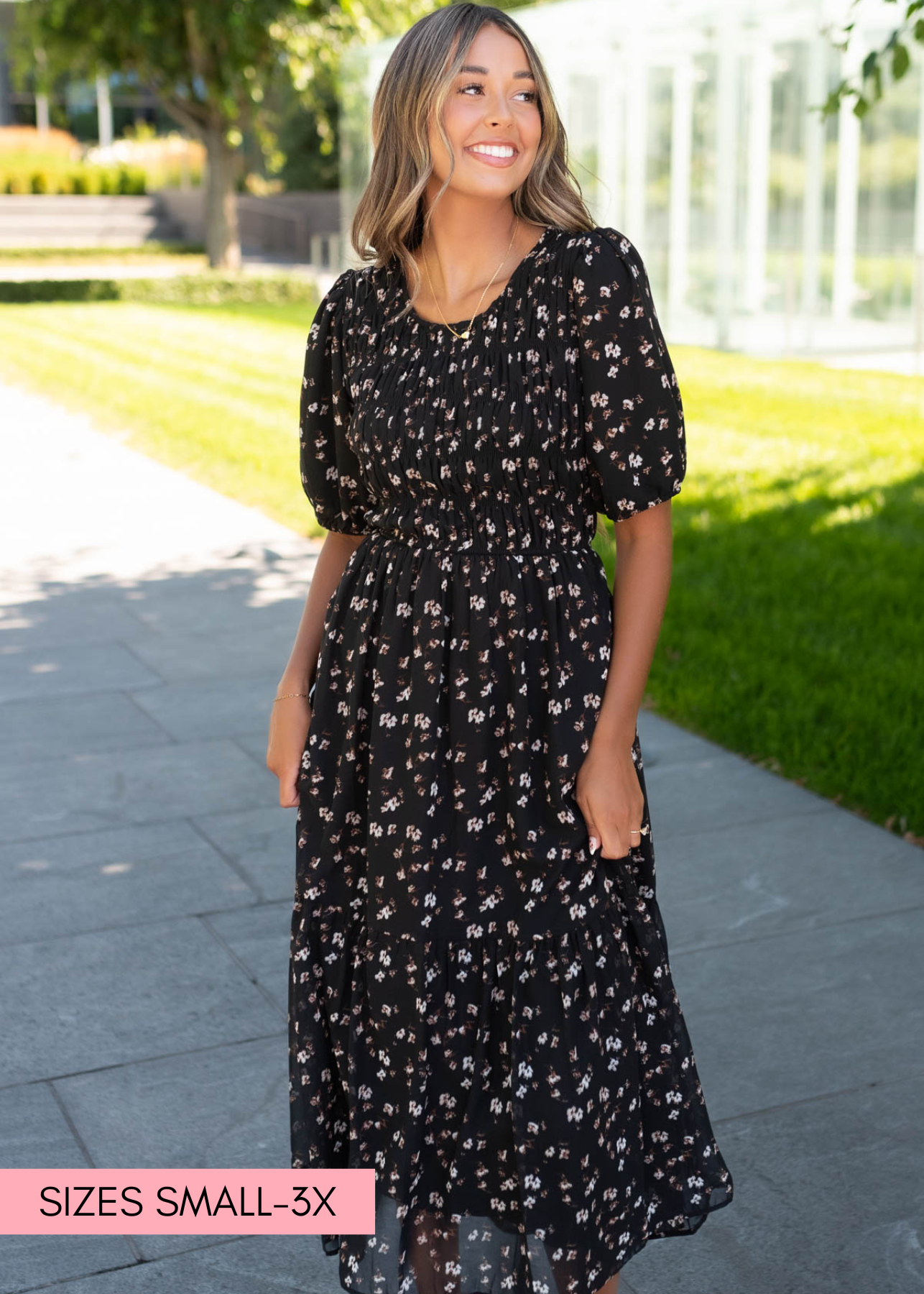 Puff sleeve black floral smocked dress