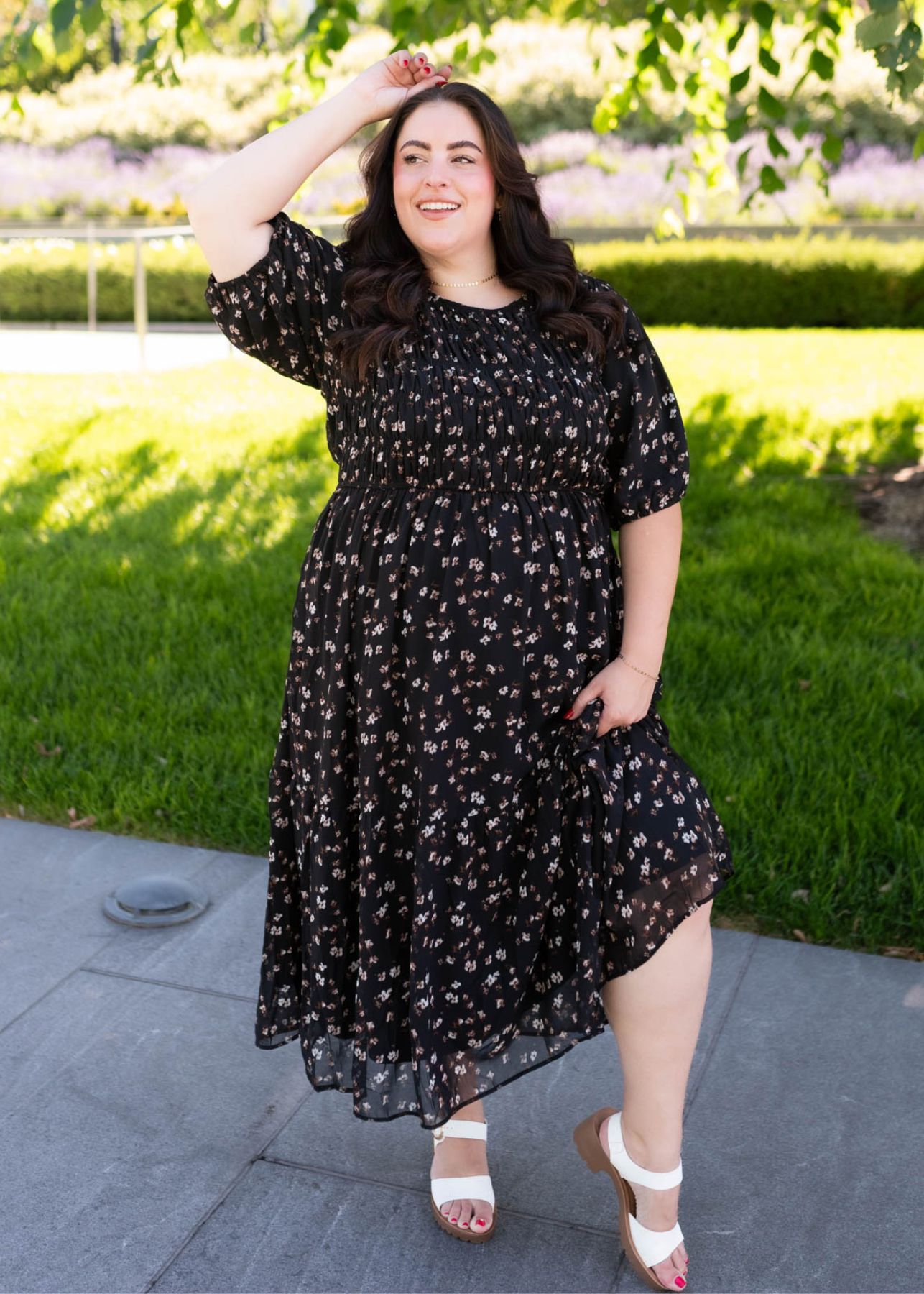 Plus size black floral smocked dress with short sleeves