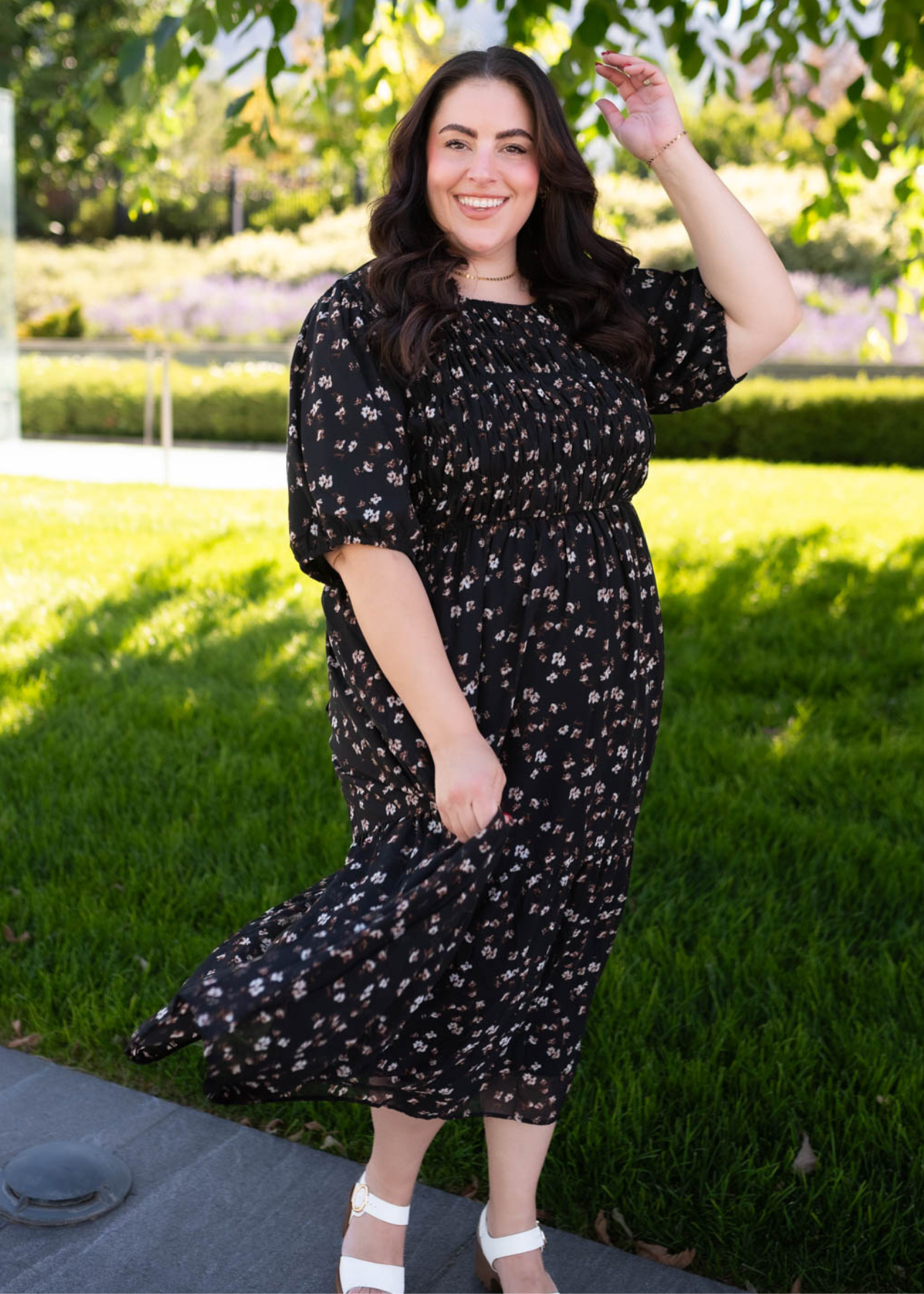 Short sleeve plus size black floral smocked dress