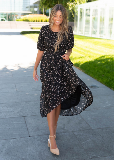 Short sleeve black floral smocked dress