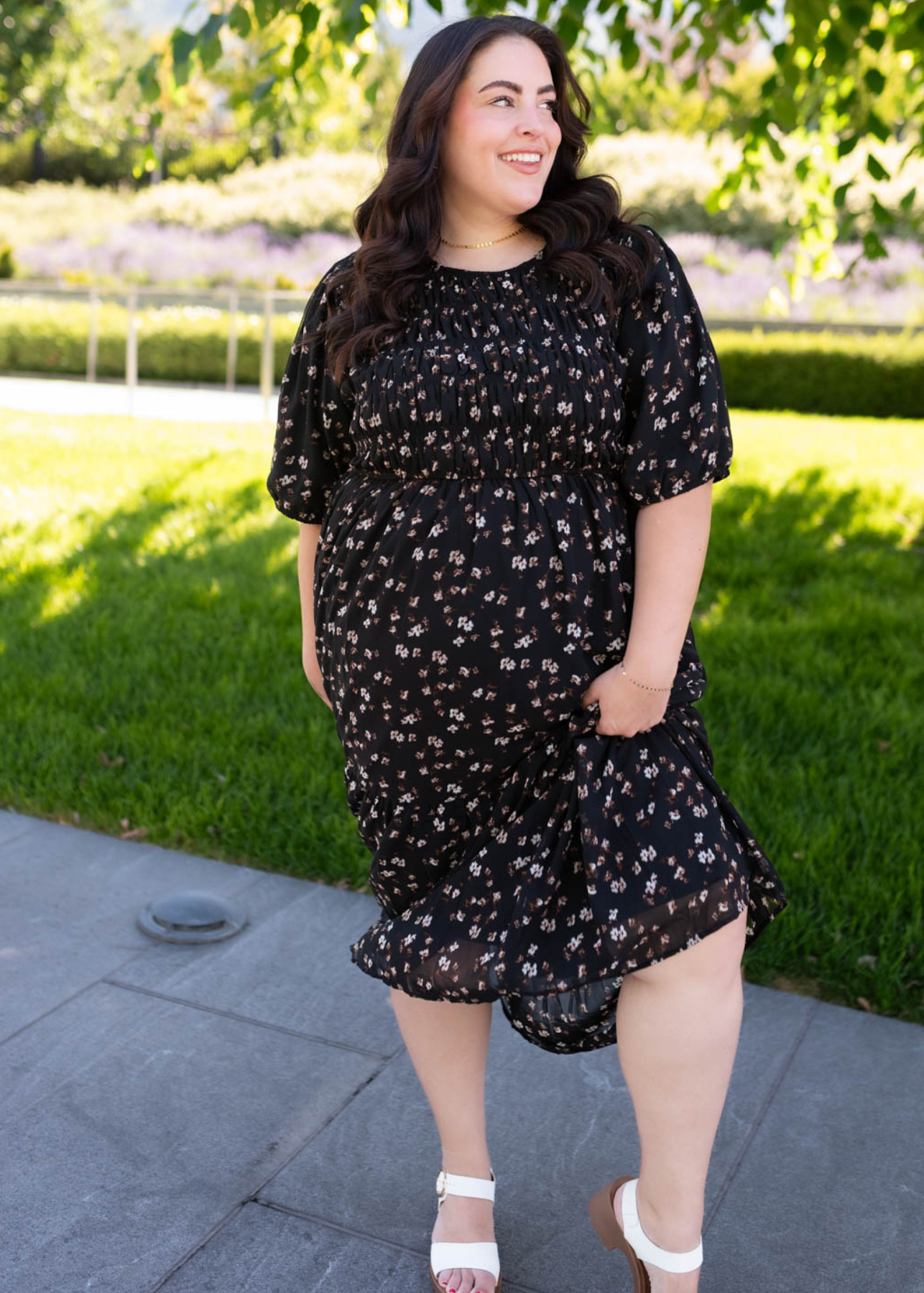 Plus size black floral smocked dress