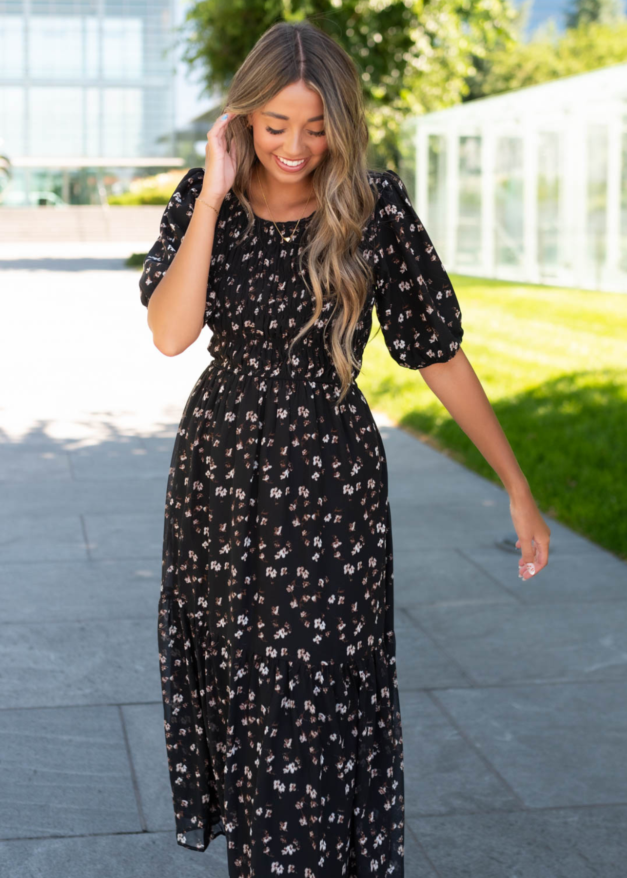 Black floral smocked dress