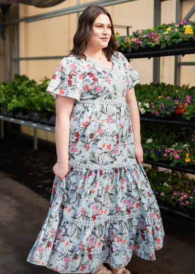 Blue floral tiered dress with short sleeves