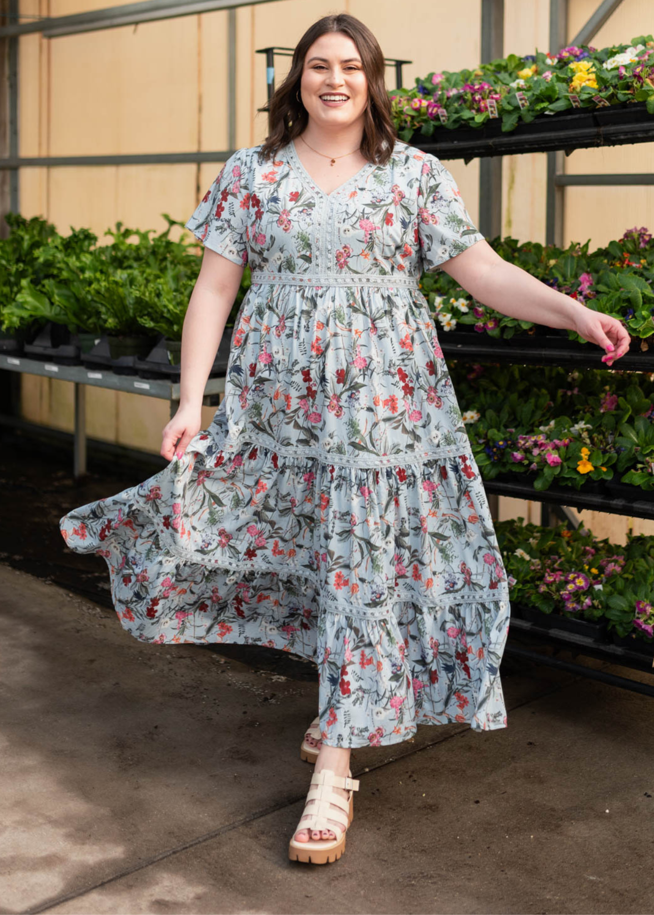 Plus size blue floral tiered dress