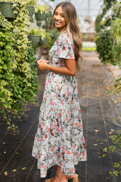 Side view of the blue floral tiered dress