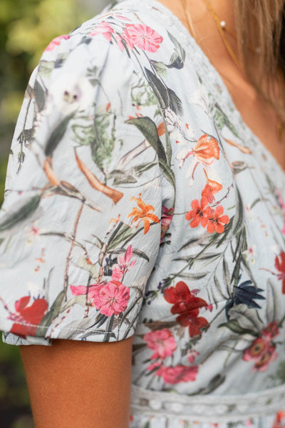 Close up of the fabric on the blue floral tiered dress