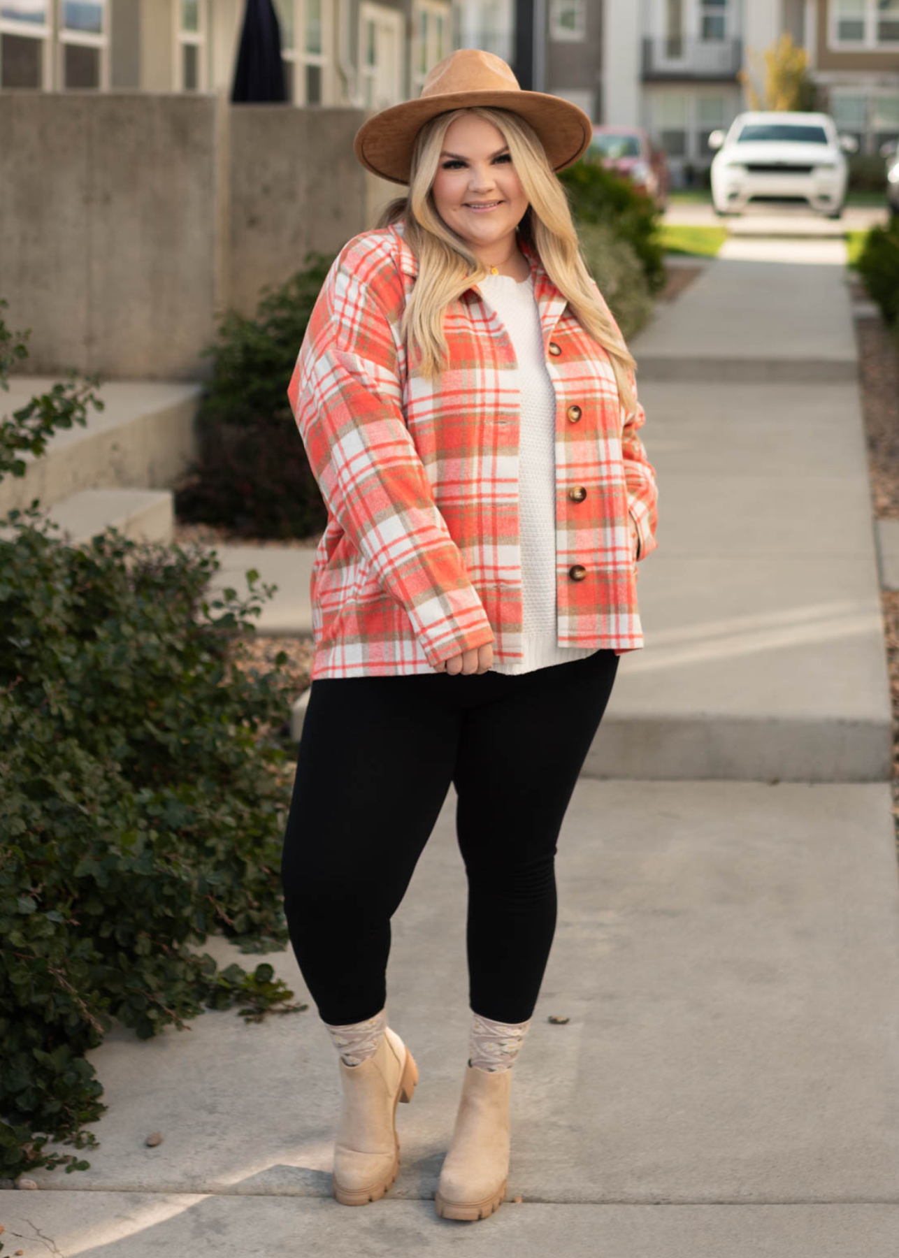 Long sleeve plus size coral plaid shacket