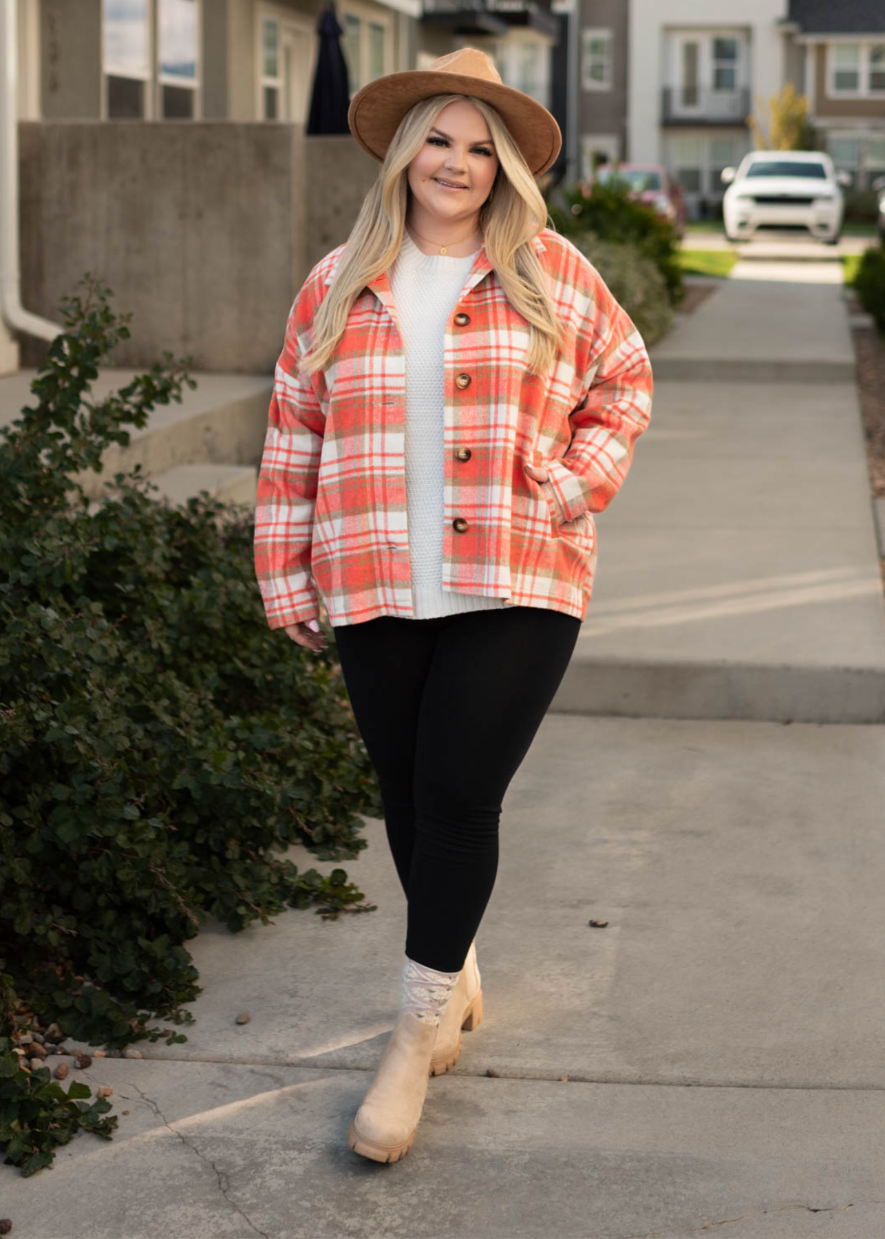 Plus size coral plaid shacket