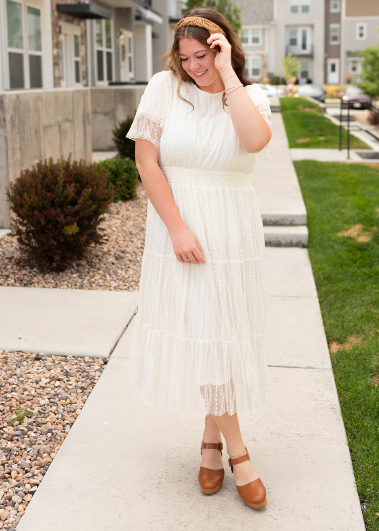 Plus size short sleeve cream lace dress