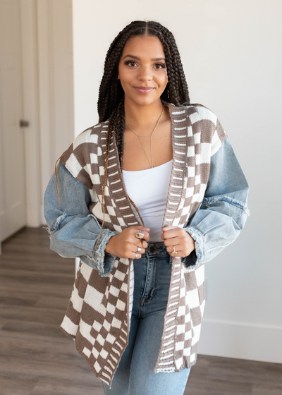 Mocha gingham and denim cardigan