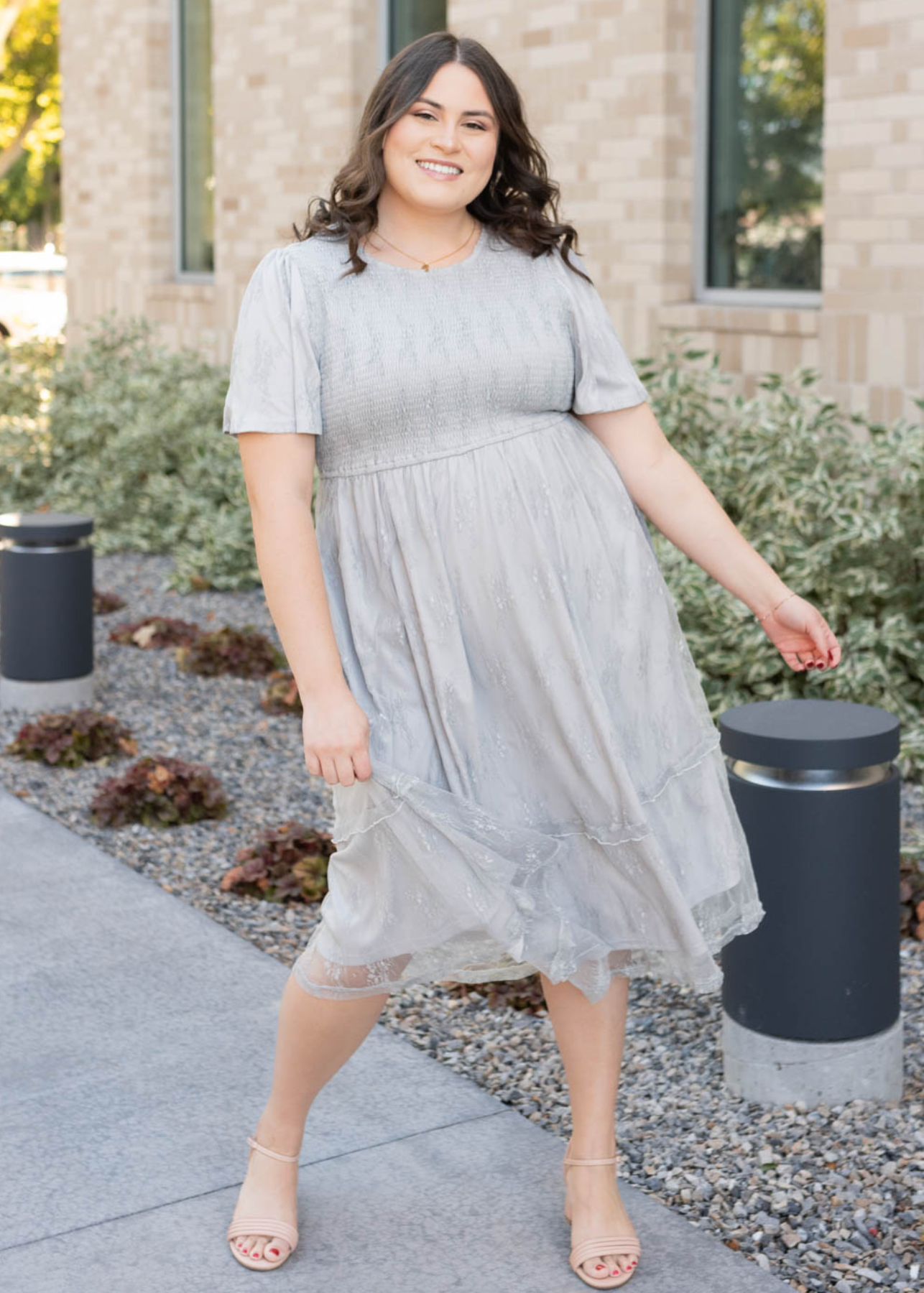 Grey floral lace dress in plus size