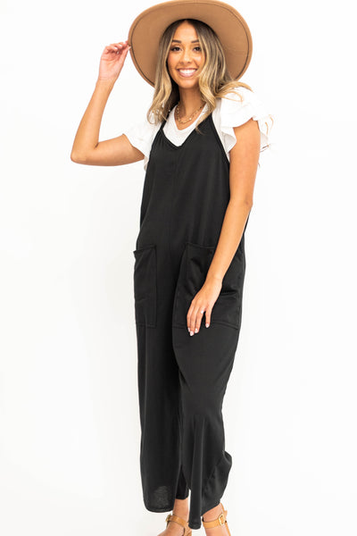 Black wide leg jumpsuit with pockets