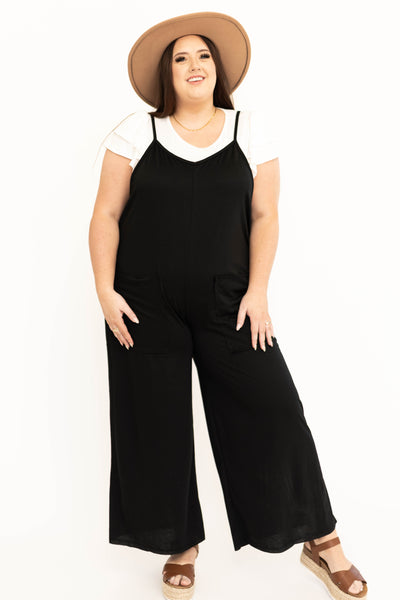 Front view of a plus size black jumpsuit