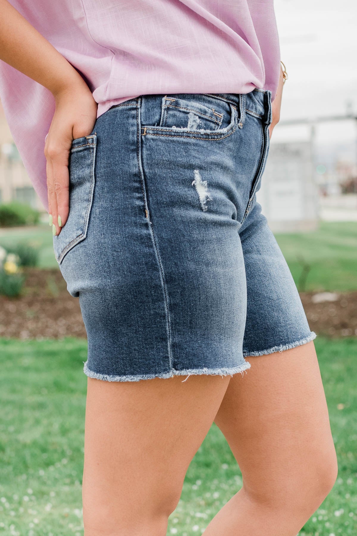 Cheerful Mid Rise Distressed Midi Shorts