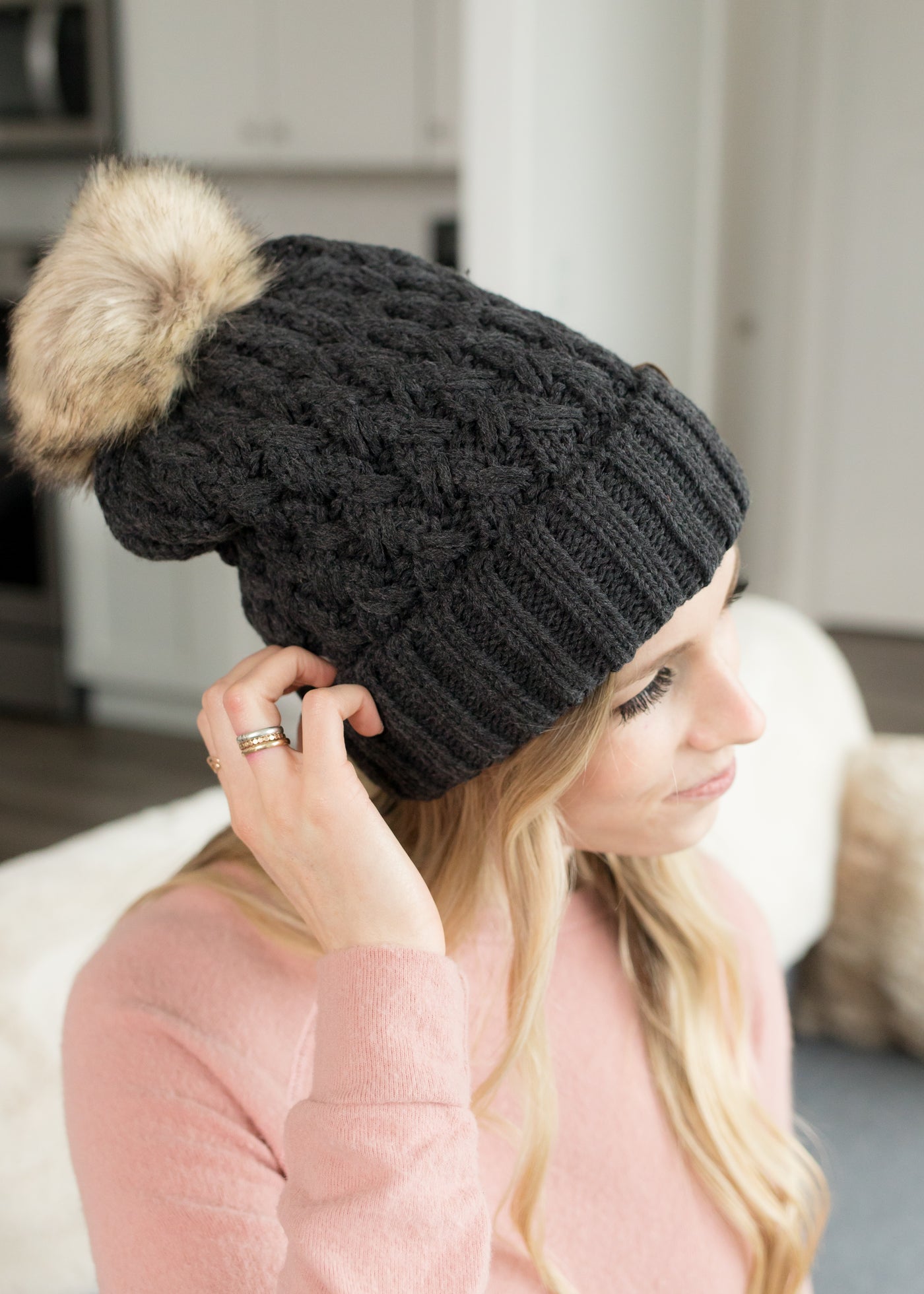 Evelyn Charcoal Knit Pom Pom C.C Beanie