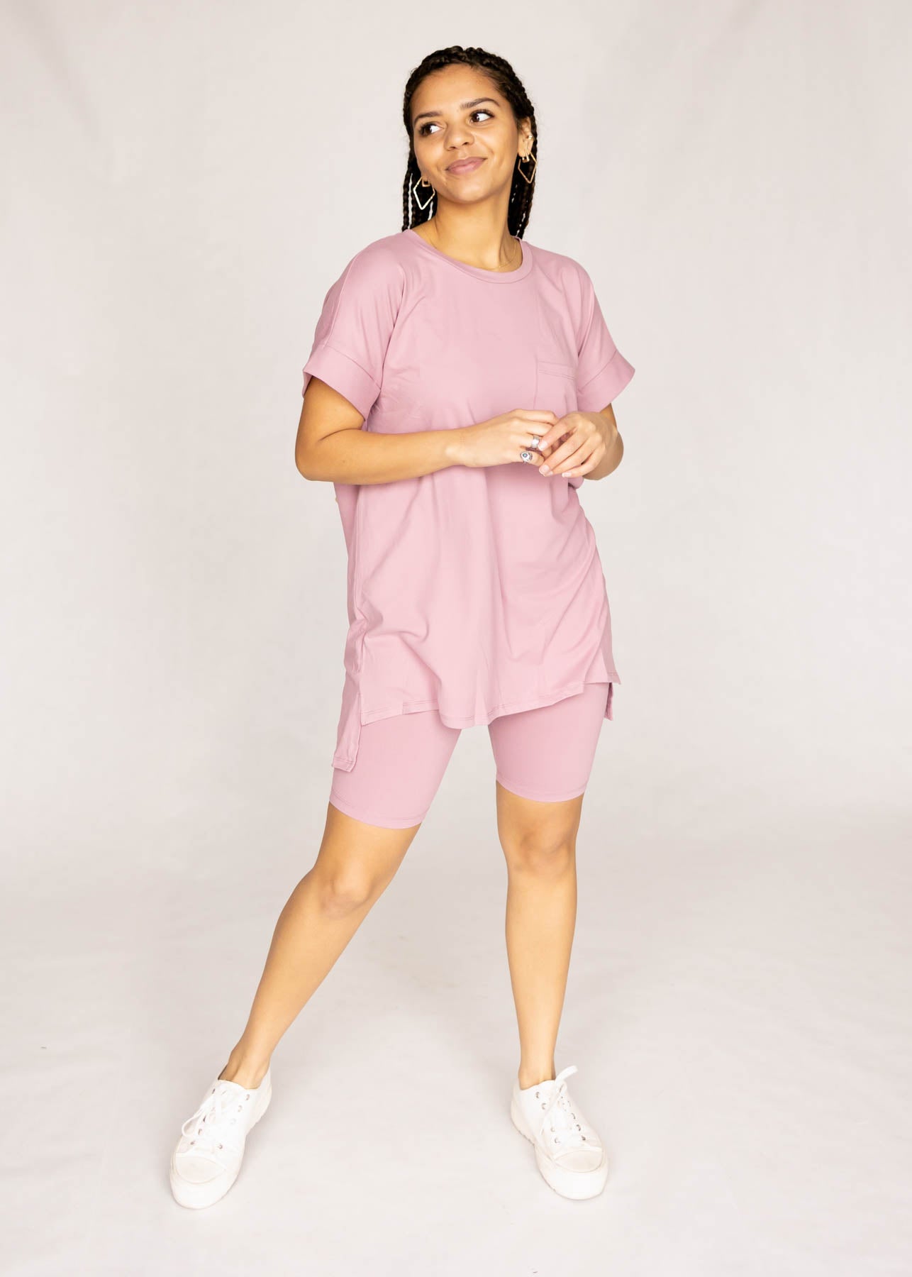 Short sleeve dusty rose set with biker shorts